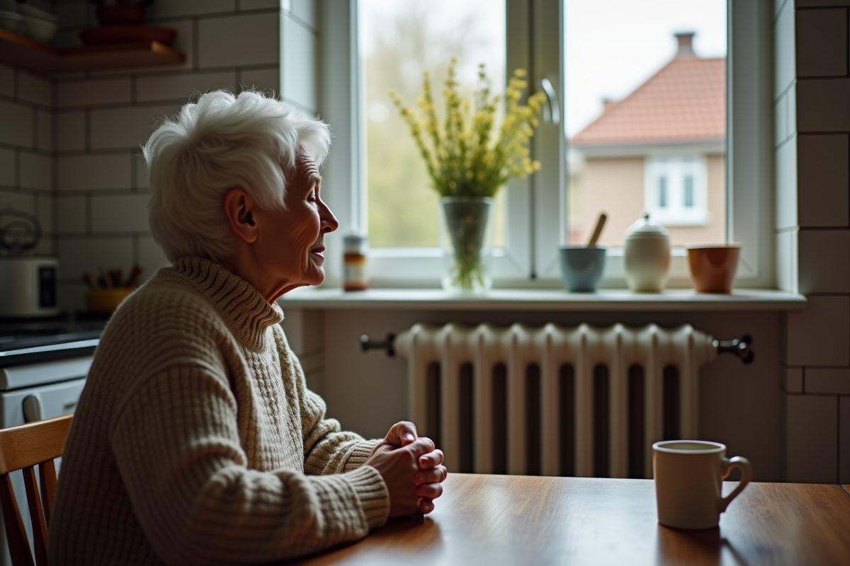 Femme âgée assise à la cuisine près du radiateur