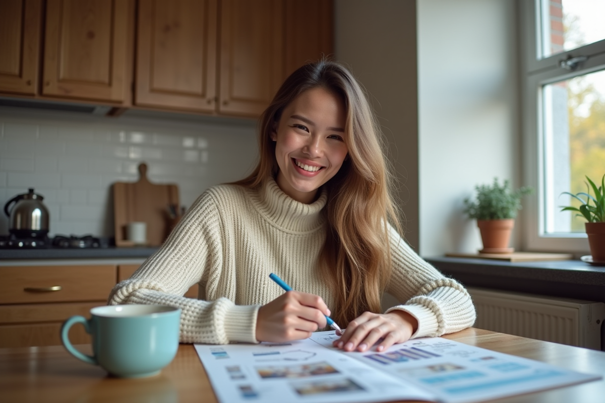 Jeune femme consulte ses factures d energie dans la cuisine