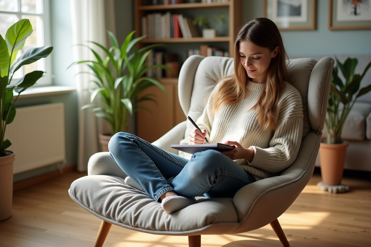Jeune femme assise sur une chaise en tissu dans un salon lumineux