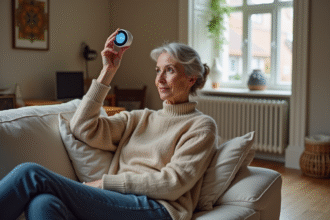 Femme ajustant un thermostat dans un salon chaleureux