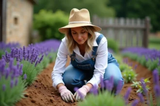 Femme transplantant des lavandes dans un jardin rural