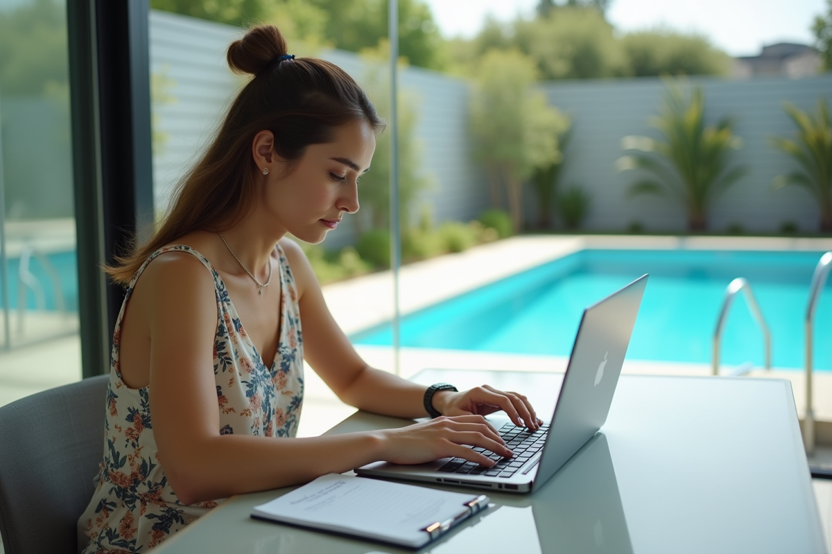 Jeune femme travaillant sur son ordinateur à la maison