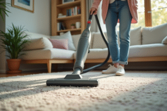 Femme à la maison nettoyant un tapis avec un aspirateur