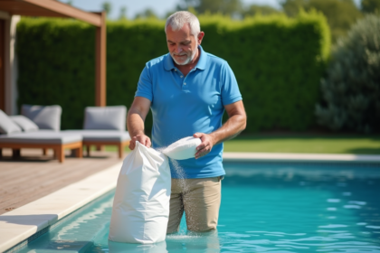 Homme versant du sel dans une piscine extérieure