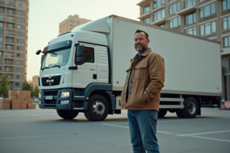 Homme confiant avec camion de déménagement en ville