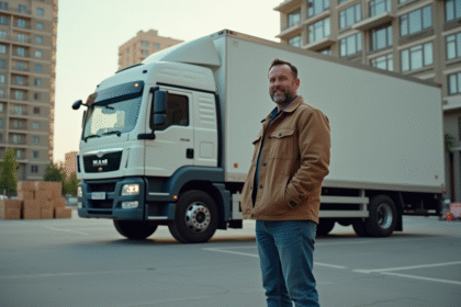 Homme confiant avec camion de déménagement en ville