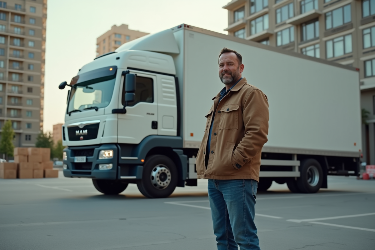 Homme confiant avec camion de déménagement en ville