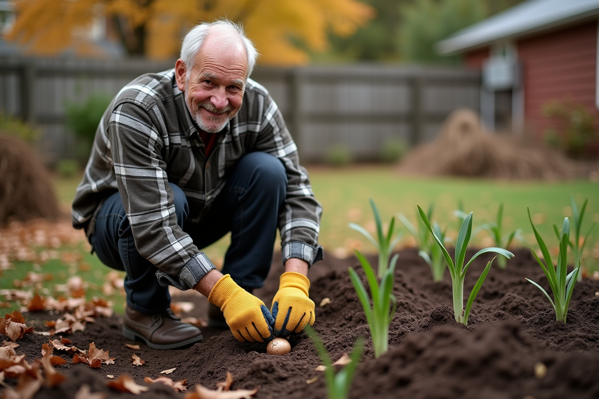 Homme âgé déterrant des bulbes de lys dans le jardin