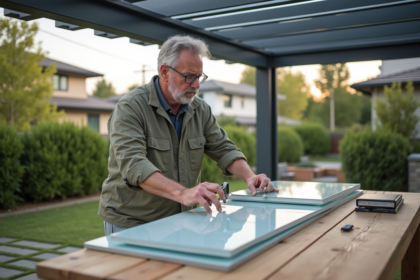 Homme examine une plaque de polycarbonate près d'une pergola moderne