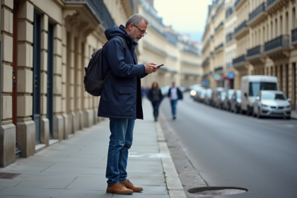 Homme français concentré utilisant son smartphone près d'un trou dans le trottoir parisien