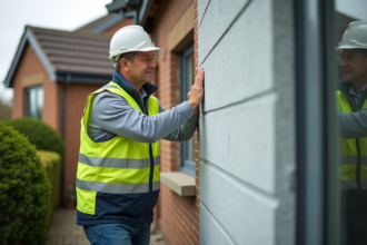Homme en veston examine des panneaux d'isolation extérieure