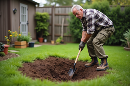Homme d'âge moyen creusant un trou dans le jardin