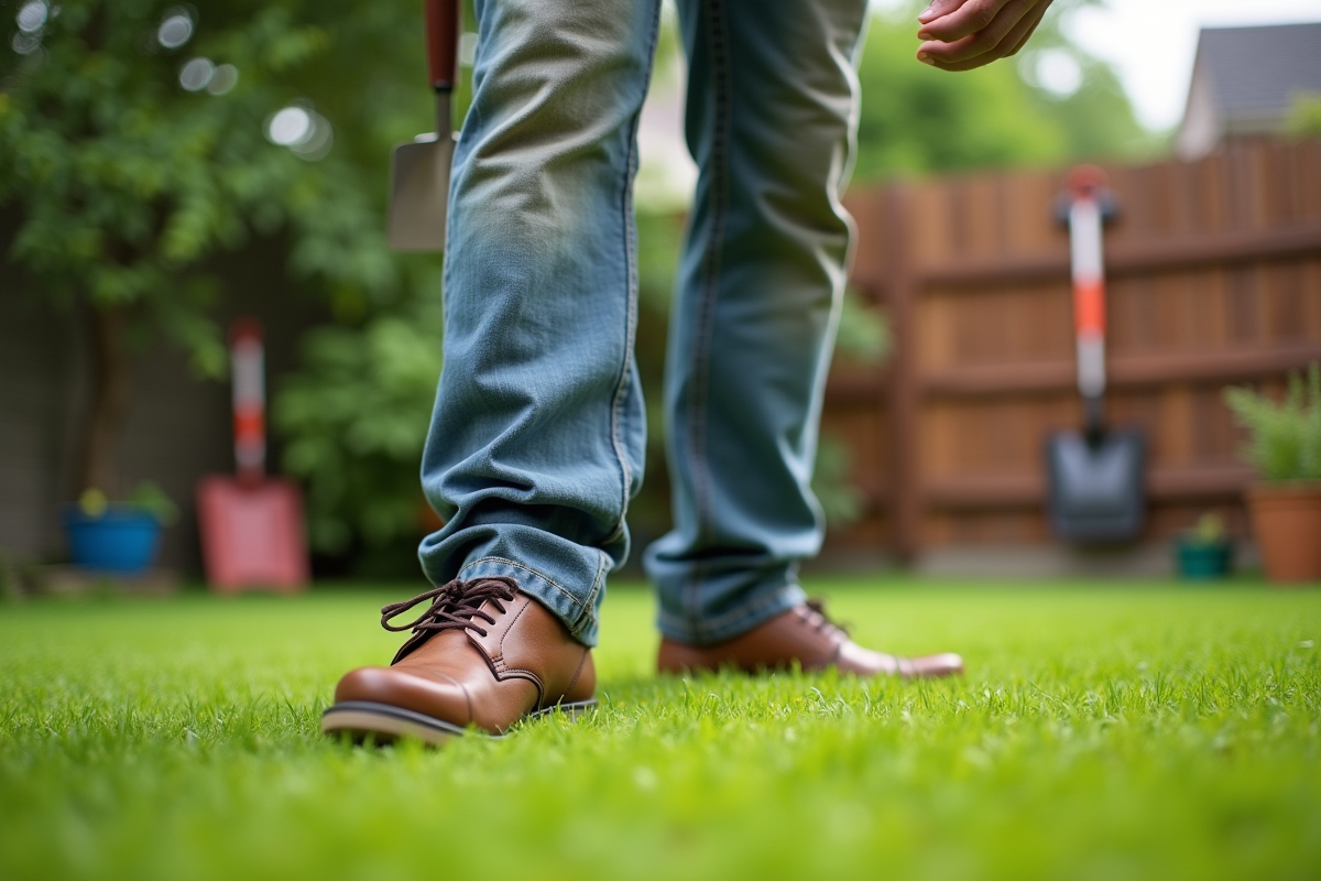 Homme d'âge moyen inspectant une pelouse fraîchement plantée