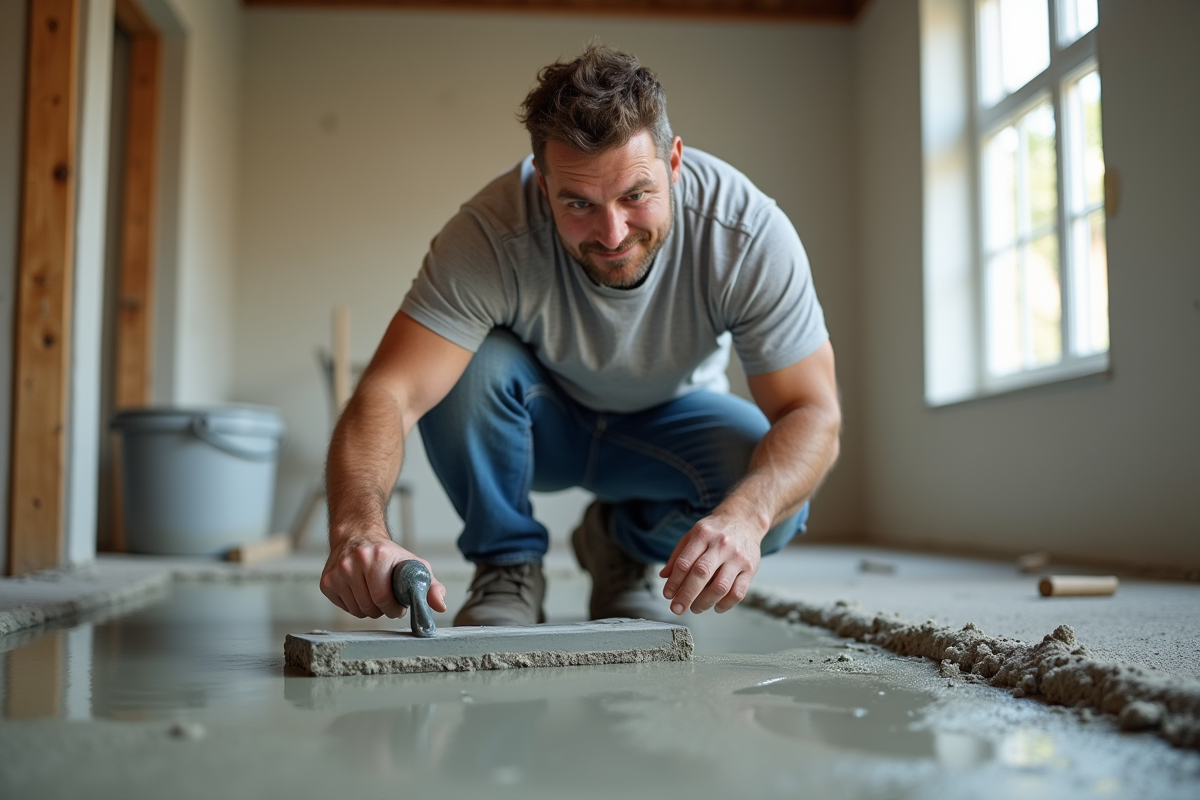 Homme en jeans lissant du beton dans une maison en renovation