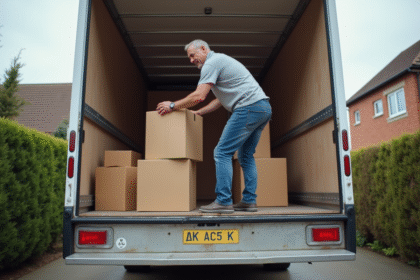 Homme d'âge moyen organise des cartons dans un camion de déménagement