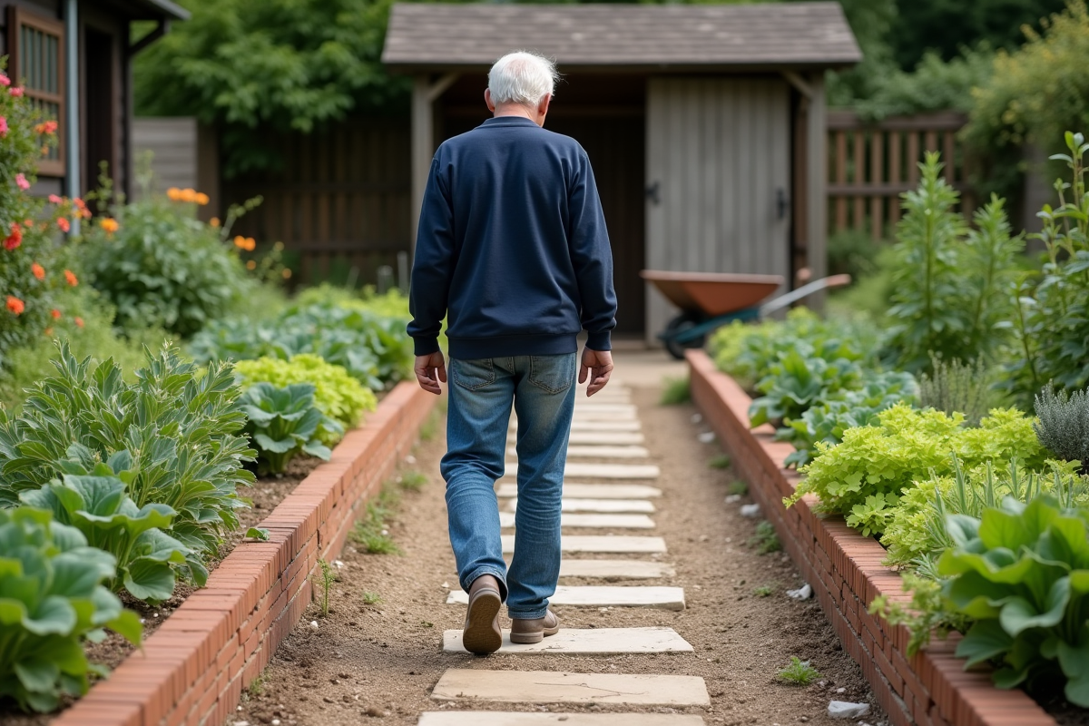 Homme retraité marchant sur un chemin de pierres dans un potager bien entretenu