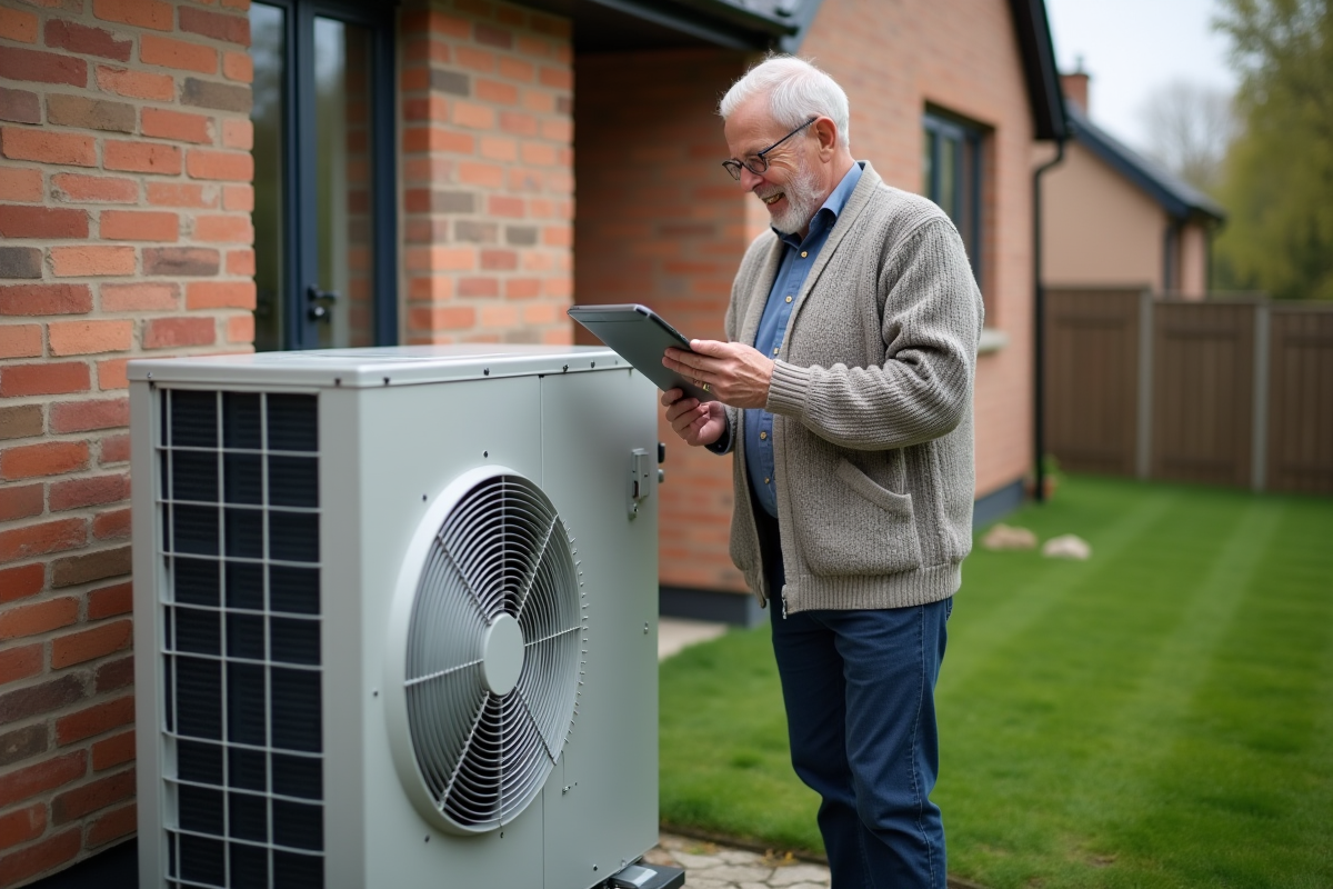 Homme vérifiant une pompe à chaleur extérieure