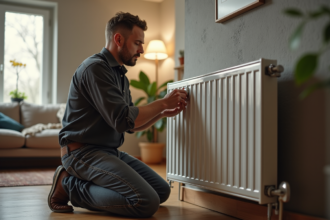 Homme d'âge moyen ajustant le radiateur dans le salon