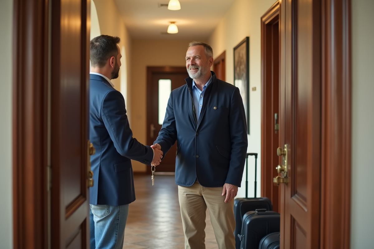 Homme donnant les clés à un propriétaire dans un couloir d
