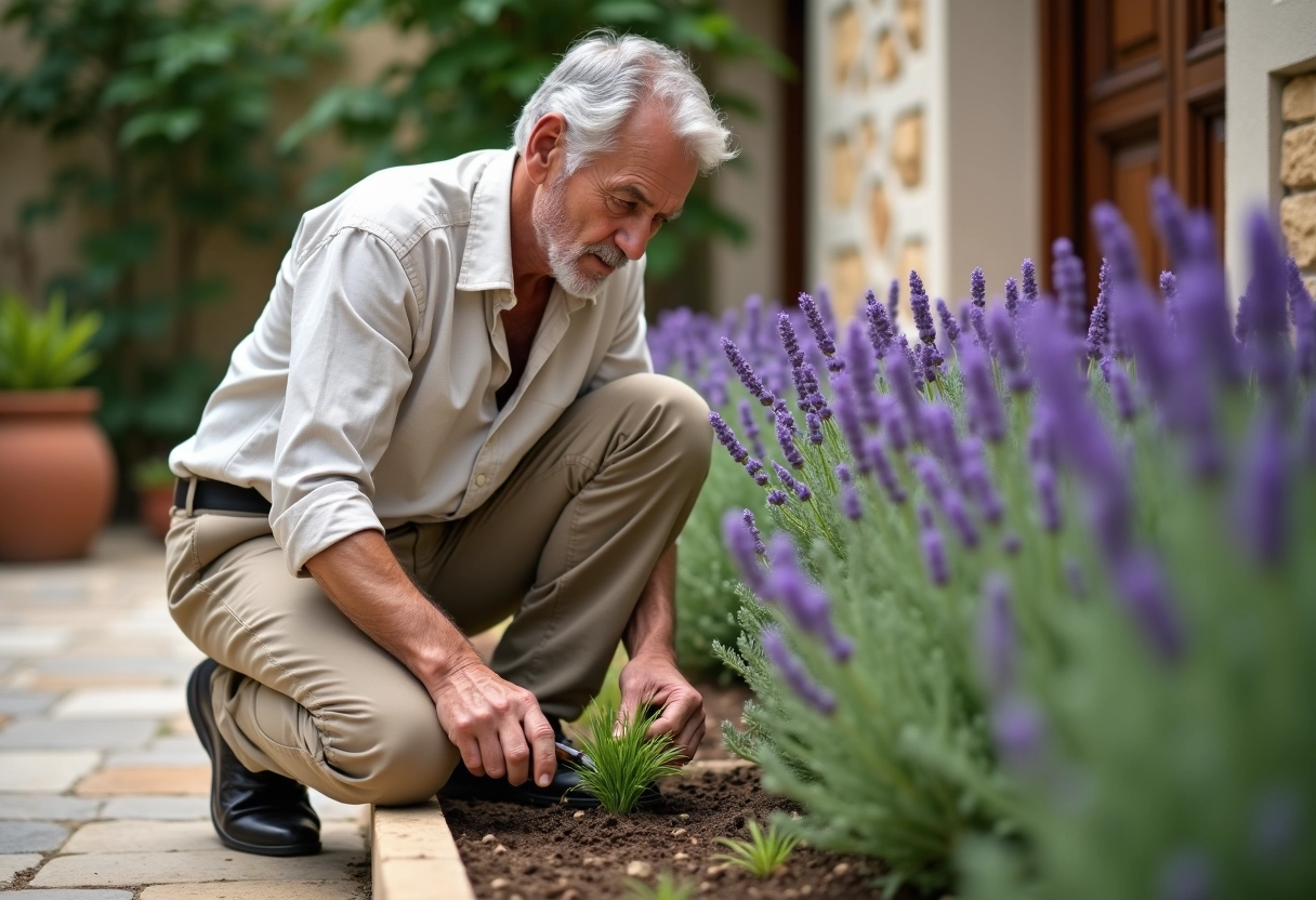 Homme âgé replantant une lavande dans un jardin méditerranéen