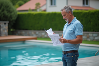 Homme d'âge moyen examinant des documents près de la piscine