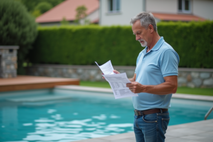 Homme d'âge moyen examinant des documents près de la piscine