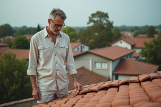 Homme d'âge moyen examine des tuiles en plein air