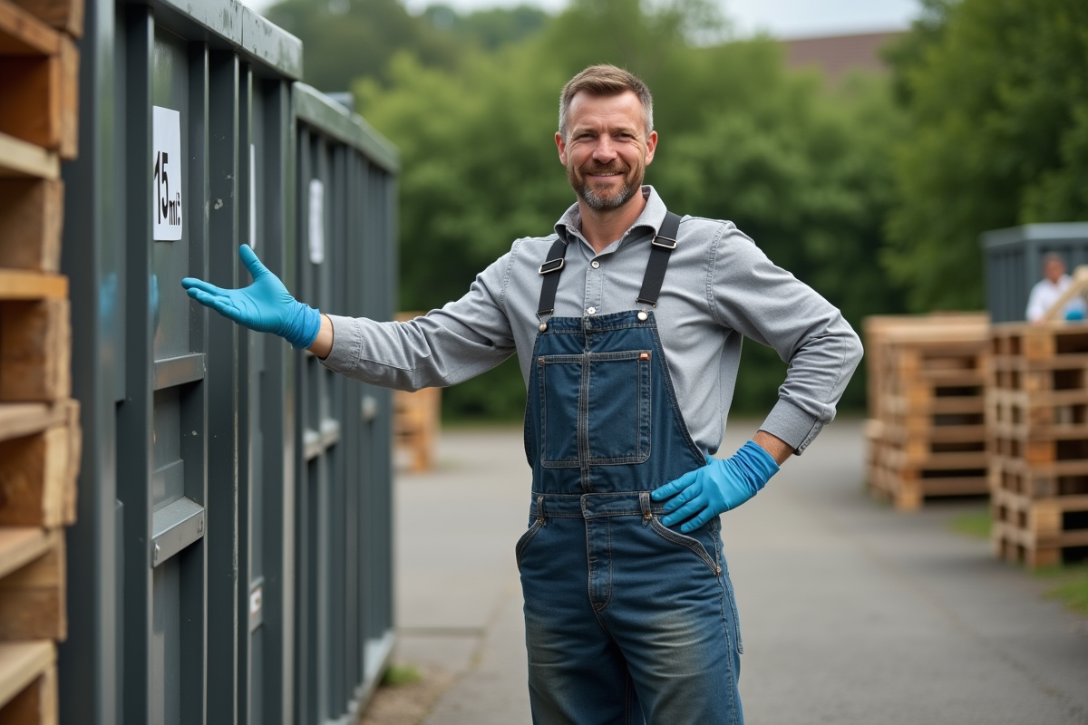 Homme en overalls montrant un conteneur de recyclage 15 m³
