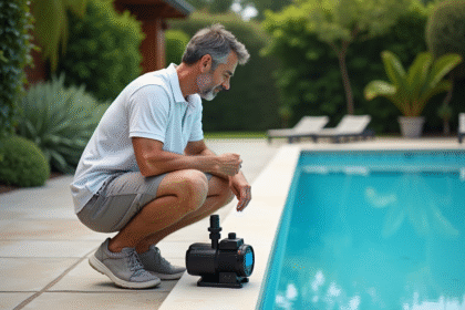 Homme vérifiant la pompe d'une piscine moderne en été