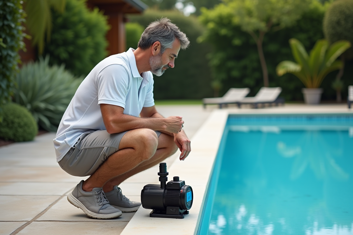 Homme vérifiant la pompe d'une piscine moderne en été