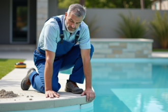 Hommes inspectant une piscine en béton fraîchement plâtrée