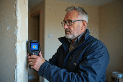 Inspecteur bâtiment utilisant un thermomètre thermique sur un mur intérieur