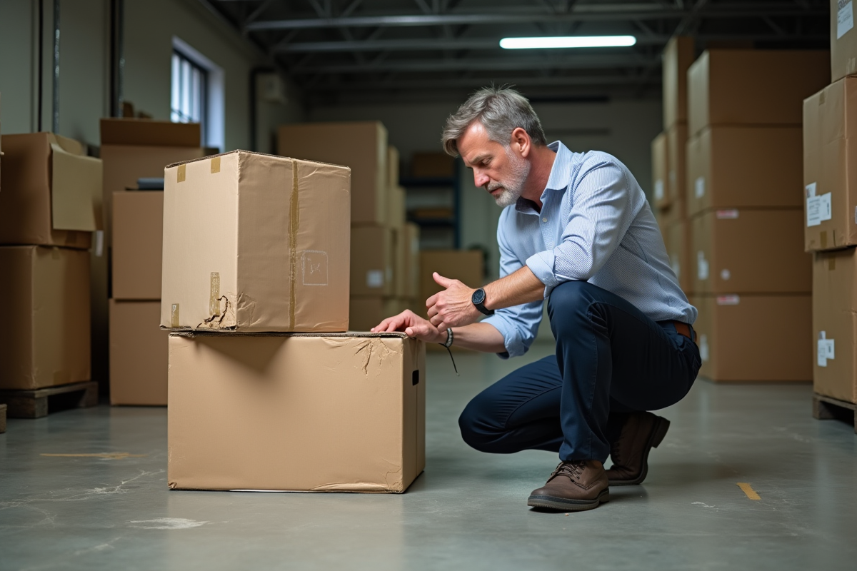 Homme d'âge moyen inspectant des cartons endommagés par l'eau