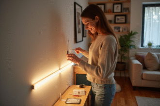 Femme posant des bandes LED sur un mur intérieur chaleureux