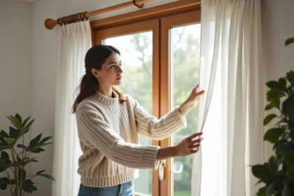 Femme posant un rideau dans un salon moderne et lumineux