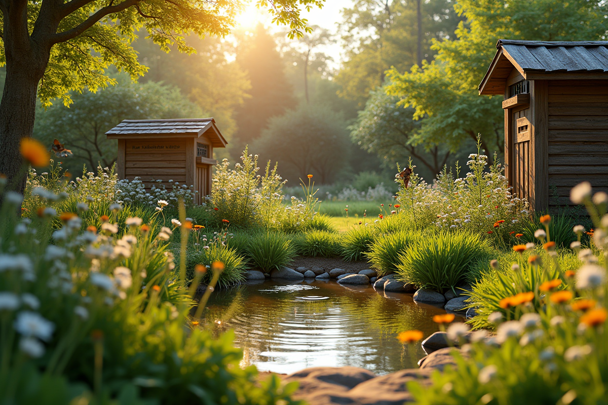 Jardin tranquille avec hôtel à insectes et mare naturelle