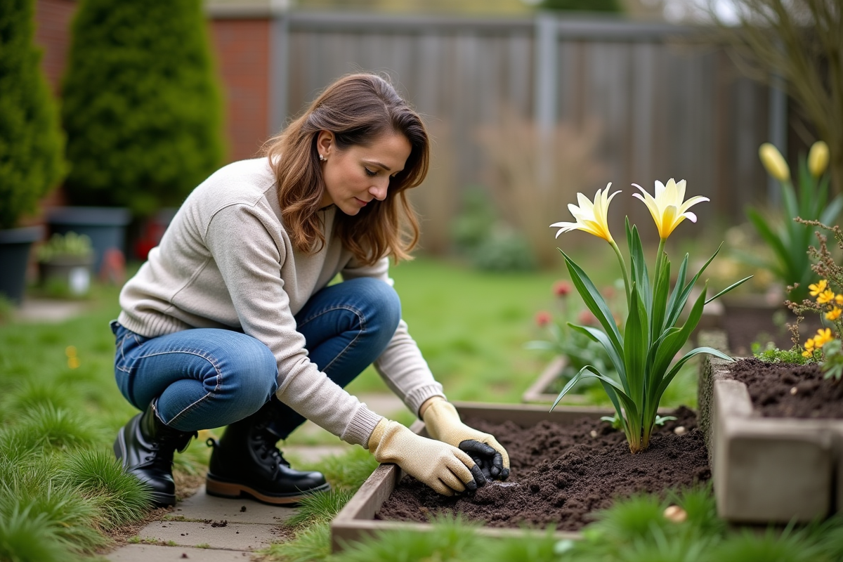 Femme jardiniere en jeans et pullageur dans le jardin