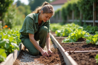 Femme d'âge moyen en jardinage arrangeant le paillis dans un jardin potager