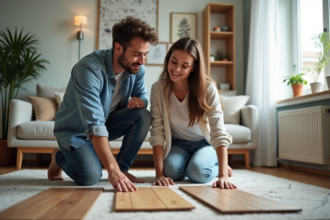 Jeune couple compare échantillons de sols dans leur salon
