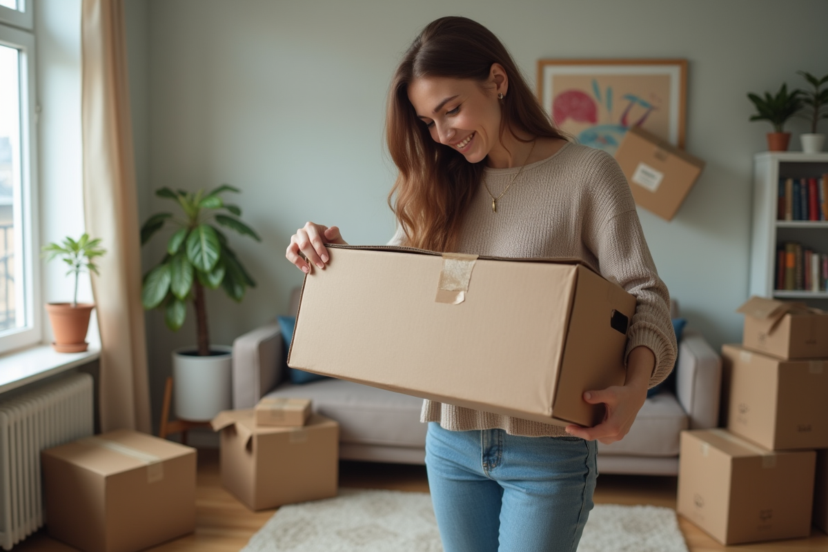 Jeune femme emballant une boîte de déménagement dans un appartement