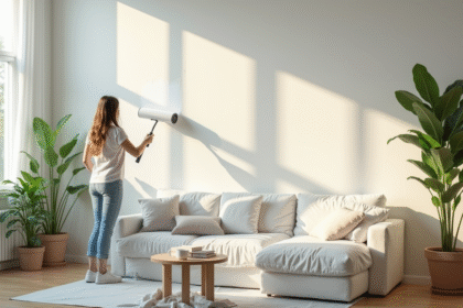Jeune femme peignant un mur blanc dans un salon lumineux