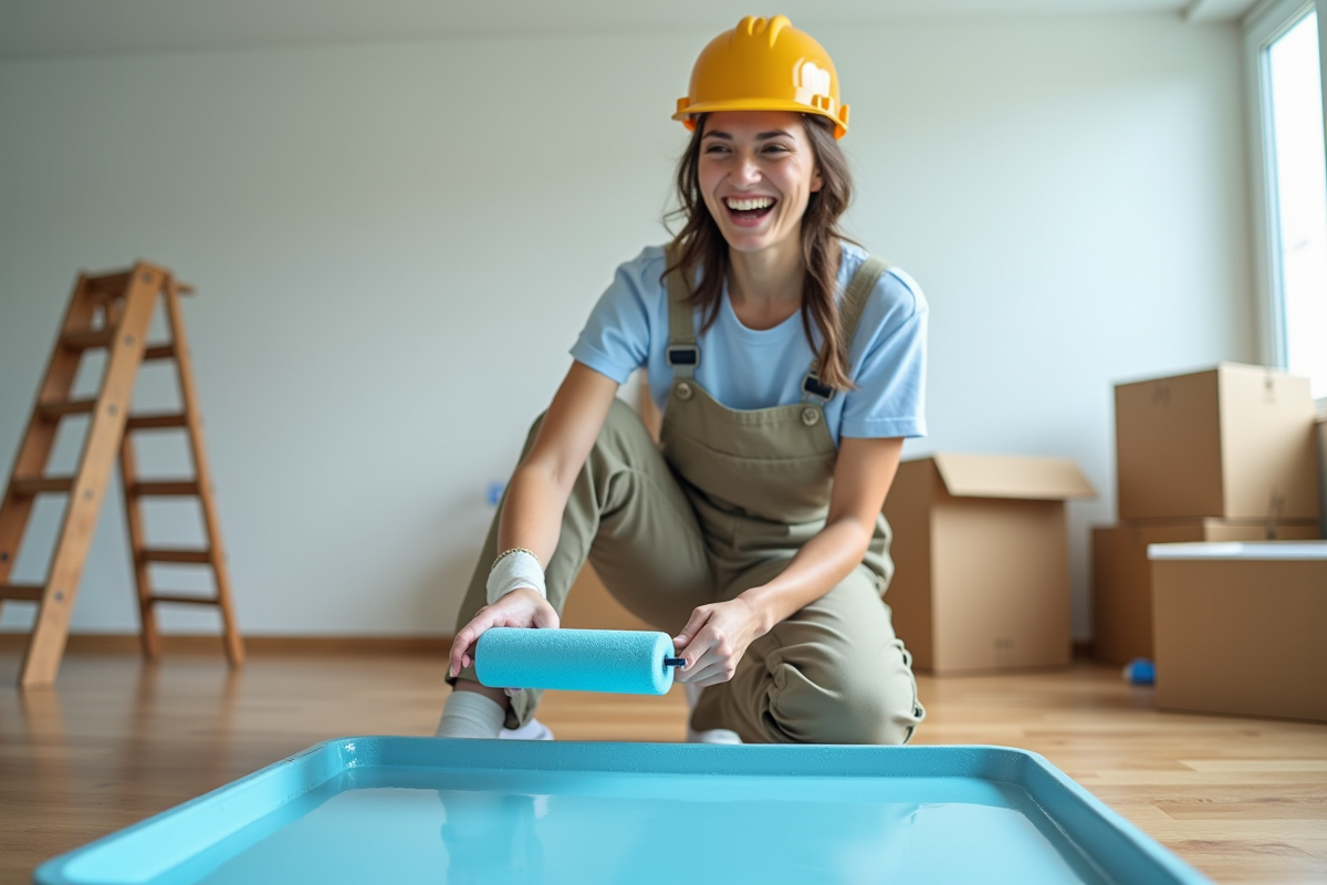 Jeune femme souriante préparant un rouleau de peinture bleu dans un appartement