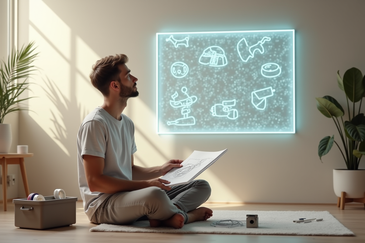 Jeune homme esquissant un projet d’éclairage mural lumineux