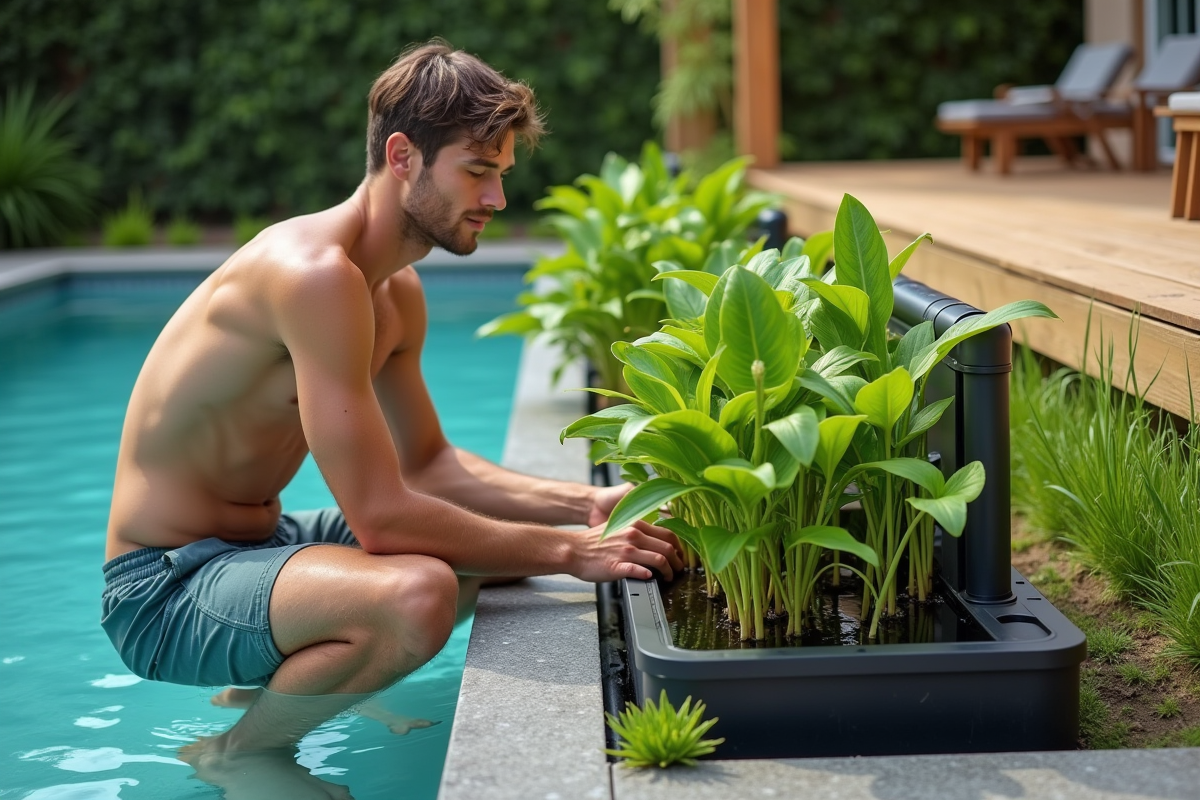 Jeune homme inspectant un système de filtration écologique