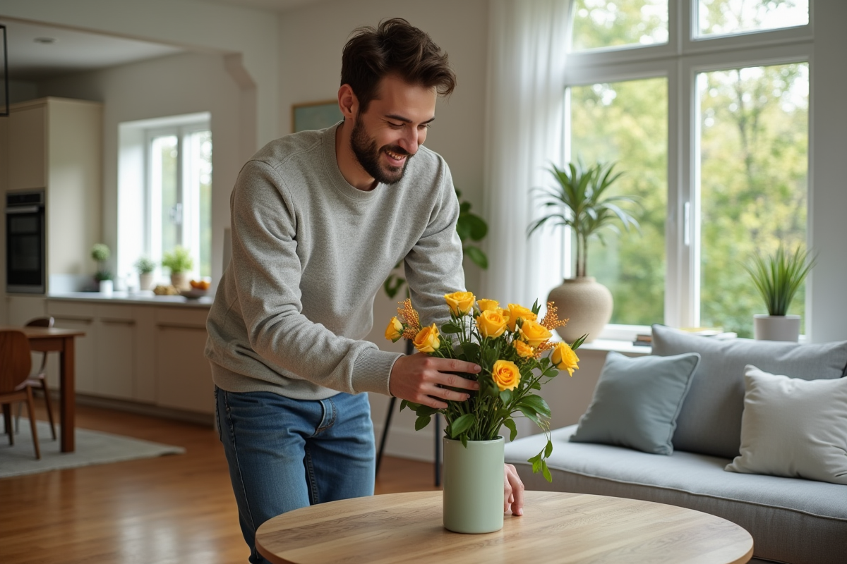 Jeune homme arrangeant des fleurs dans un salon lumineux