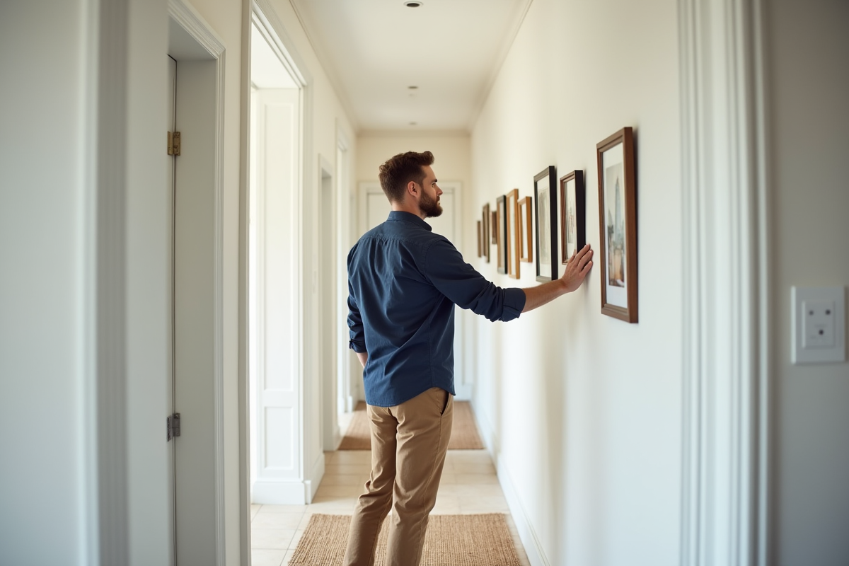 Jeune homme mesurant la hauteur des cadres dans un couloir lumineux