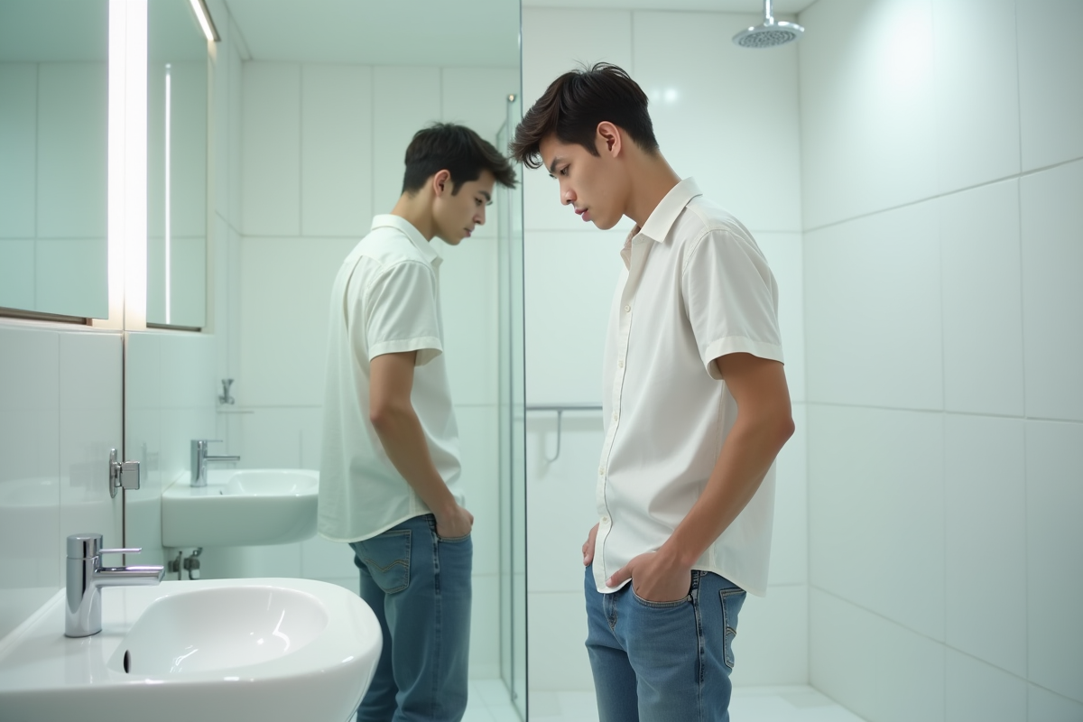 Jeune homme regardant un miroir moderne dans une salle de bain