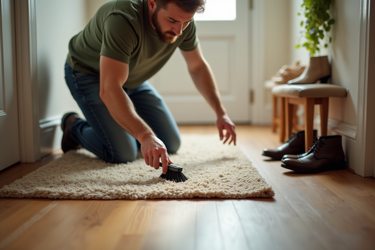 Jeune homme nettoyant une tache sur un tapis dans l