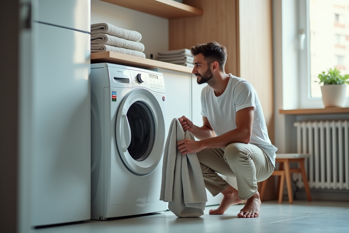 Jeune homme retire des vêtements secs d