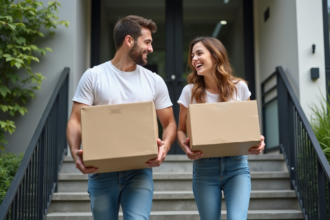 Jeune couple en jeans en train de monter des cartons dans un immeuble